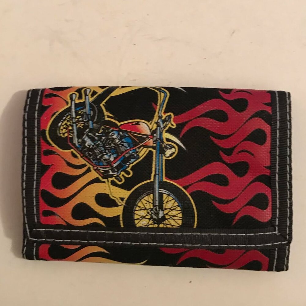 2000s Motorcycle Flames Y2K Trifold Black Wallet